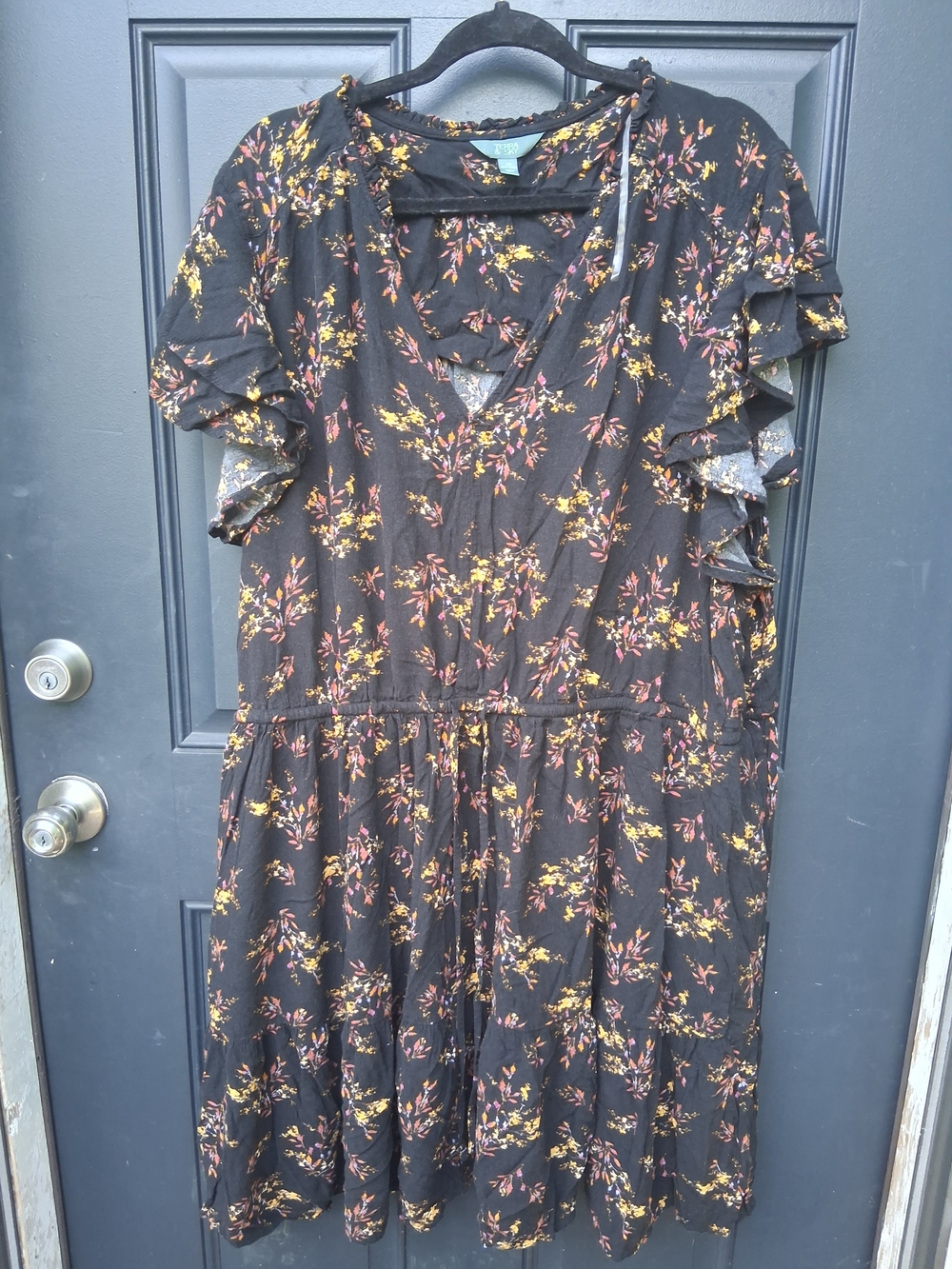 Terra & Sky Black Floral Print Dress with Yellow and Pink Accents